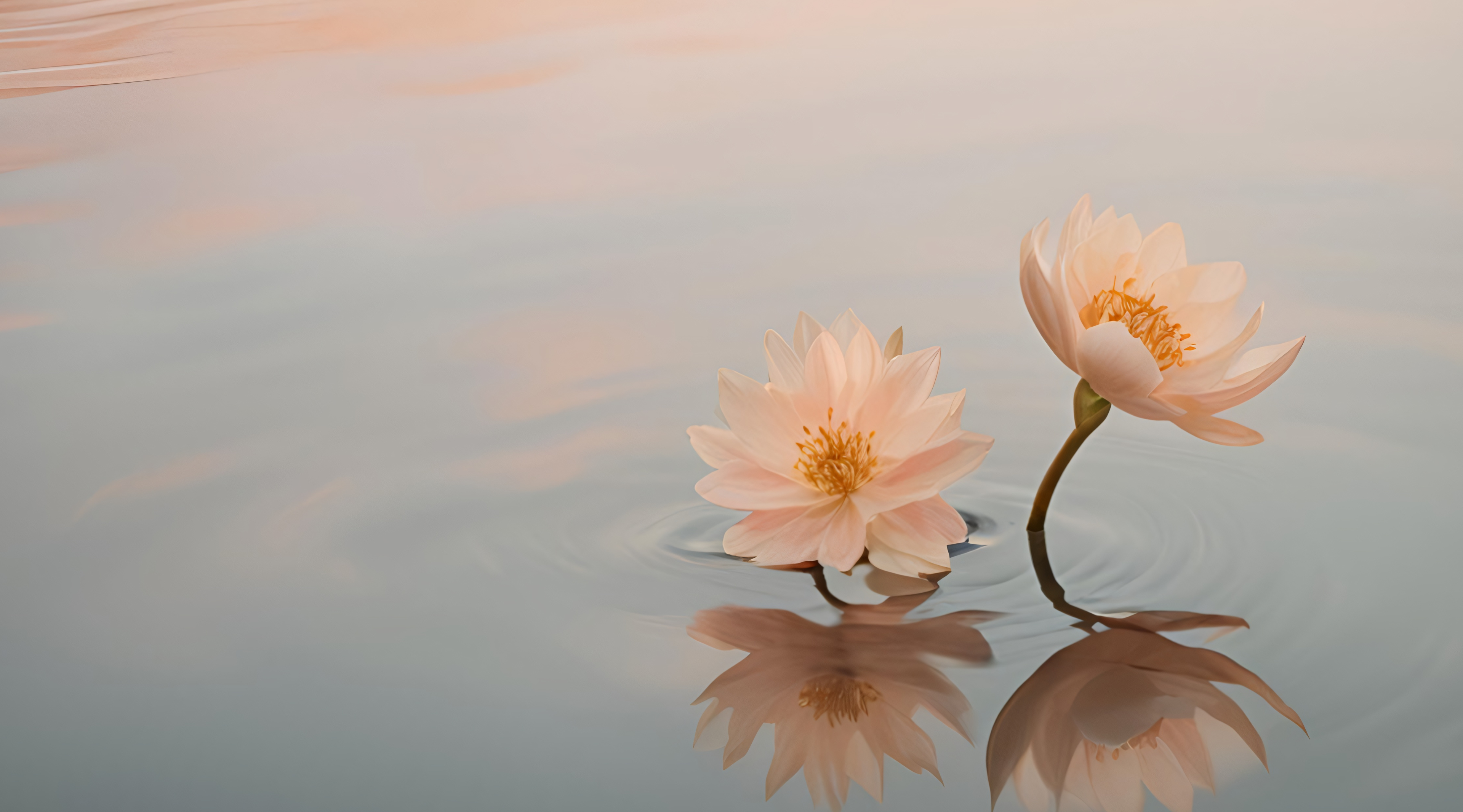 Two pink water lilies floating on a calm water surface with a soft, blurred background.