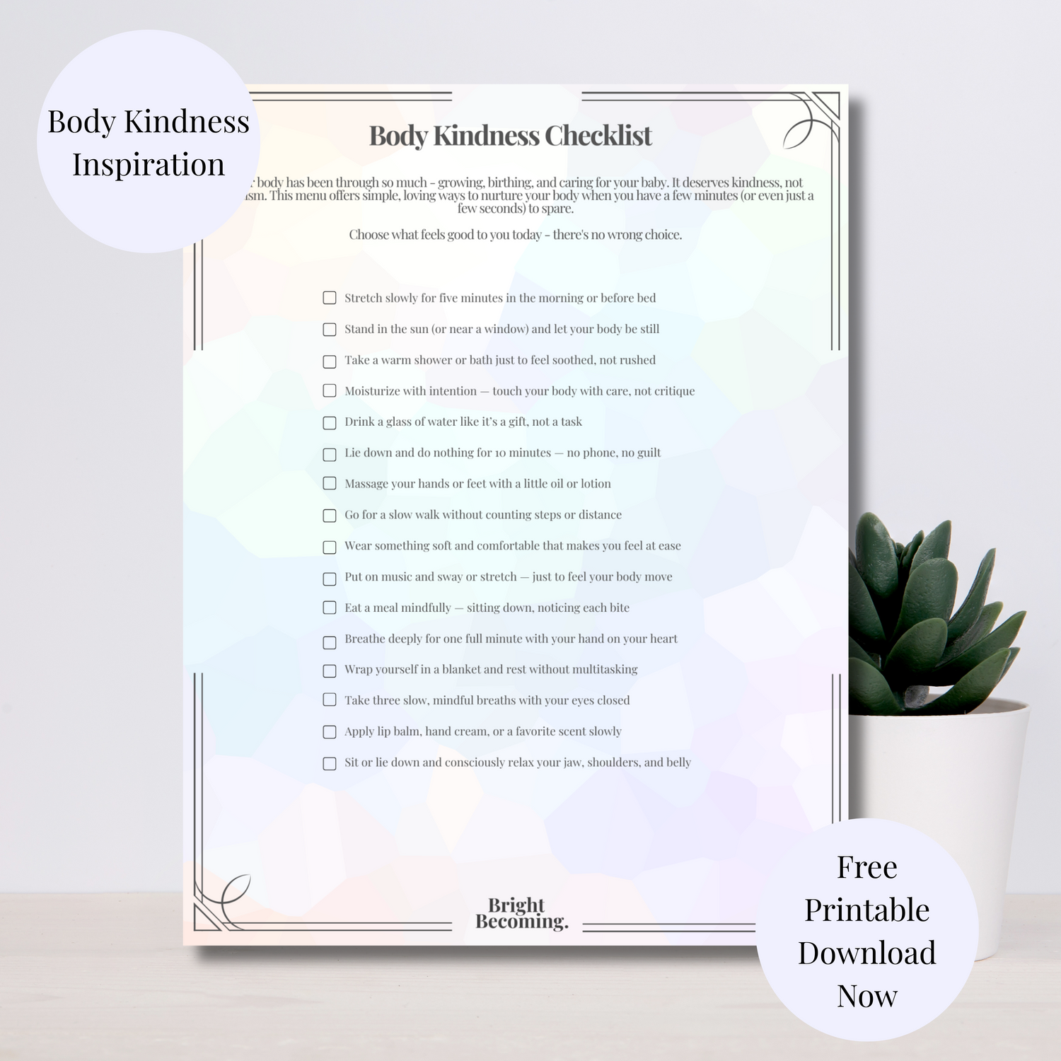 Body Kindness Checklist on a light background with a plant in the corner