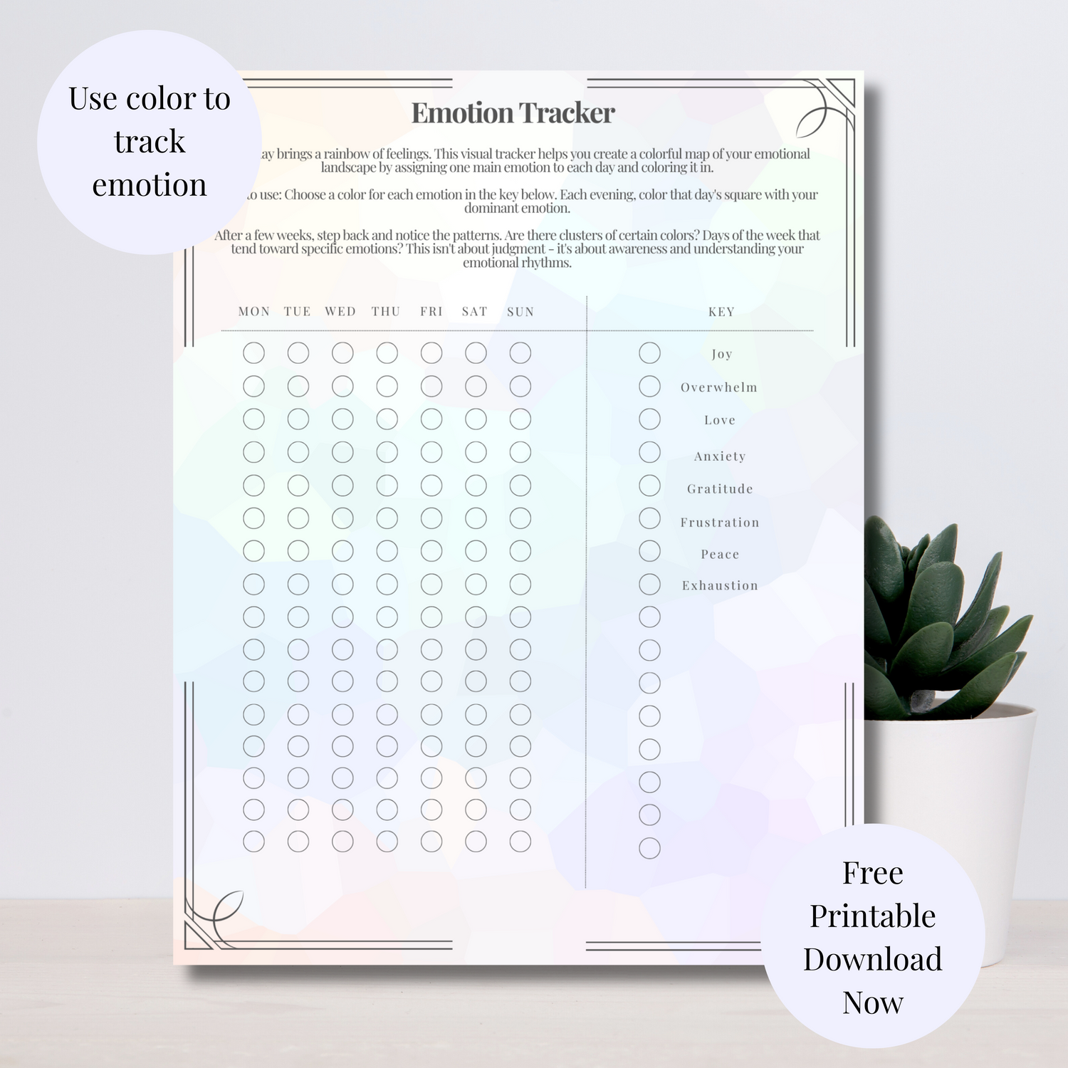 Emotion tracker sheet with a plant on a light background