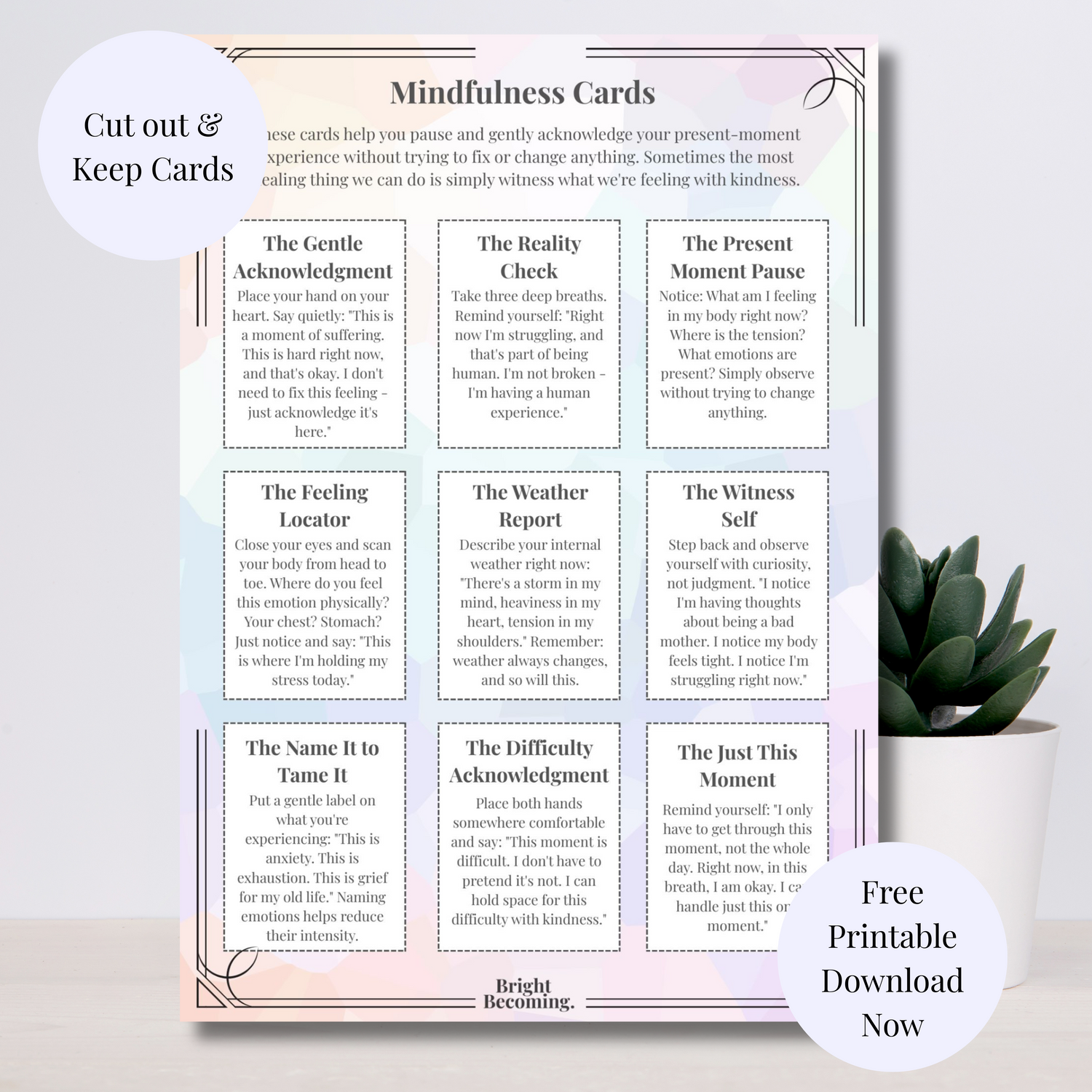 Sheet of mindfulness cards with text on a light background