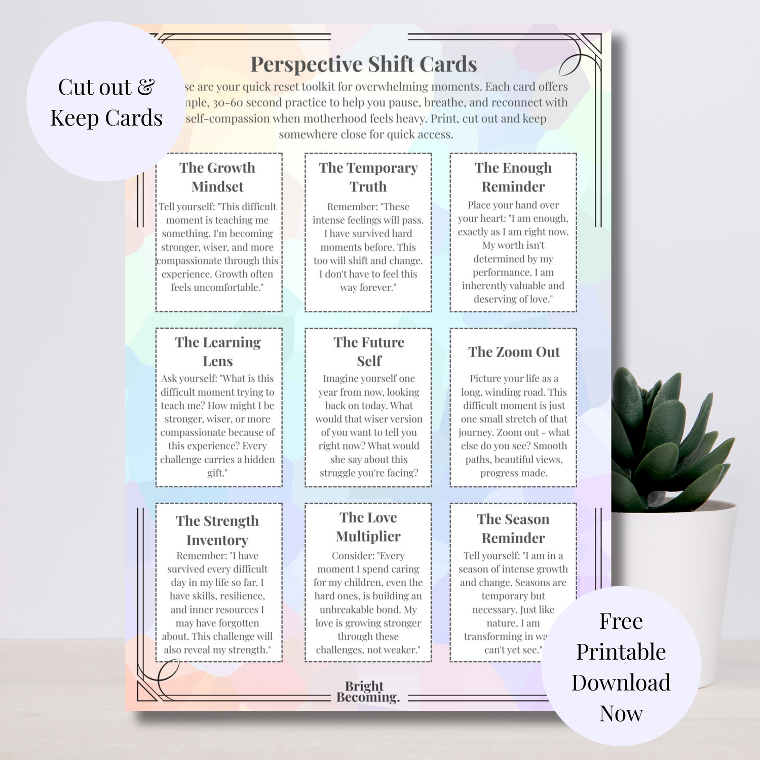 Sheet of Perspective Shift Cards with motivational phrases on a light background