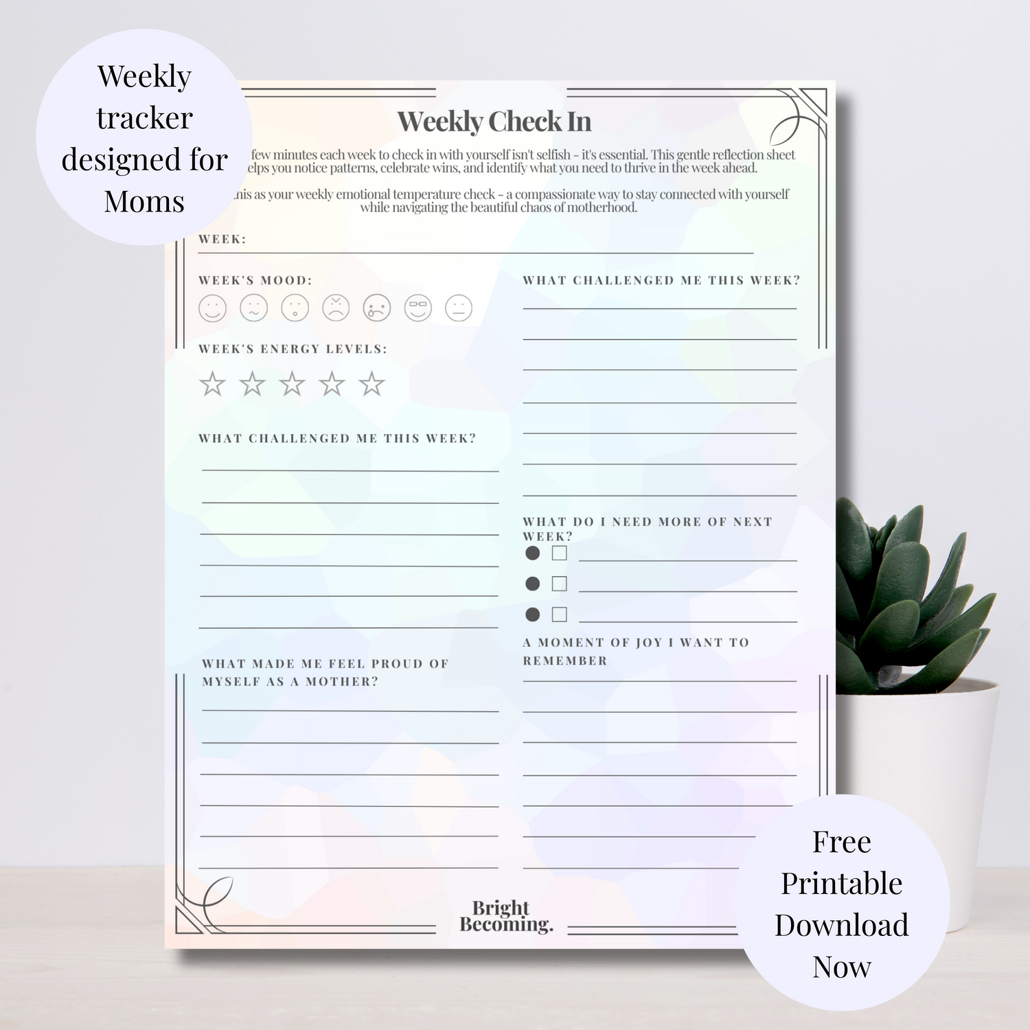 Weekly Mom checking download image with plant in background